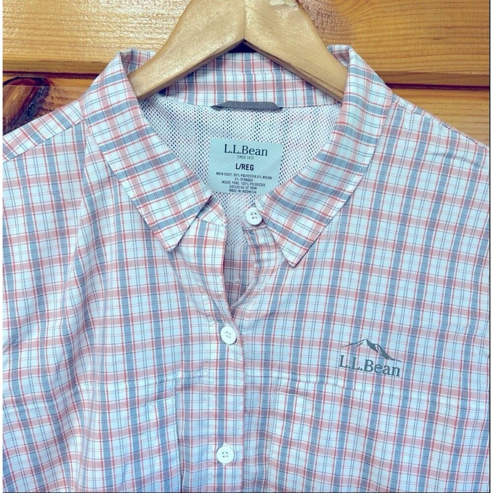 LL Bean Shirt Womens Large White Plaid Tropicwear Stretch Button Up Zip Pocket